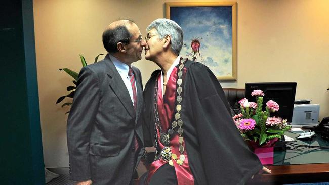 Lismore City Mayor Jenny Dowell in 2008, in mayoral robes for the first time, gets a kiss from her proud husband Ron Dowell. Picture: Jacklyn Wagner