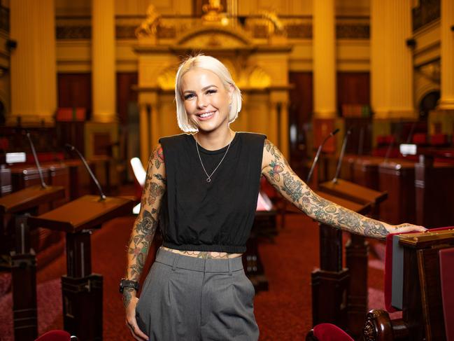 ***HOLD FOR V WEEKEND - CHECK WITH SARAH MATRAY BEFORE RUNNING*** MELBOURNE, JANUARY 9, 2023: Animal Justice Party MP Georgie Purcell pictured in the upper house chamber at Parliament House, Melbourne. Picture Mark Stewart