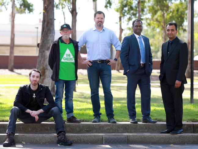 Chifley candidates United Australia Party Joseph O'Connor, Greens Brent Robertson, Labor Ed Husic, Liberal Livingston Chettipally and Independent Ammar Khan. Picture: Angelo Velardo