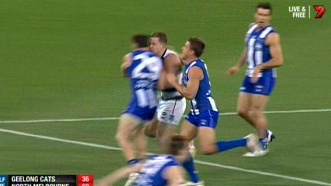 Harvey cannoned into Selwood during the hotly contested first half. Picture: Channel 7