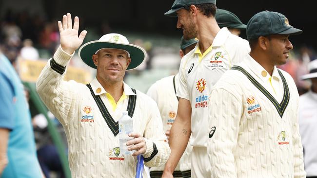 David Warner of Australia waves to his family in the stands at the MCG (Photo by Daniel Pockett/Getty Images)