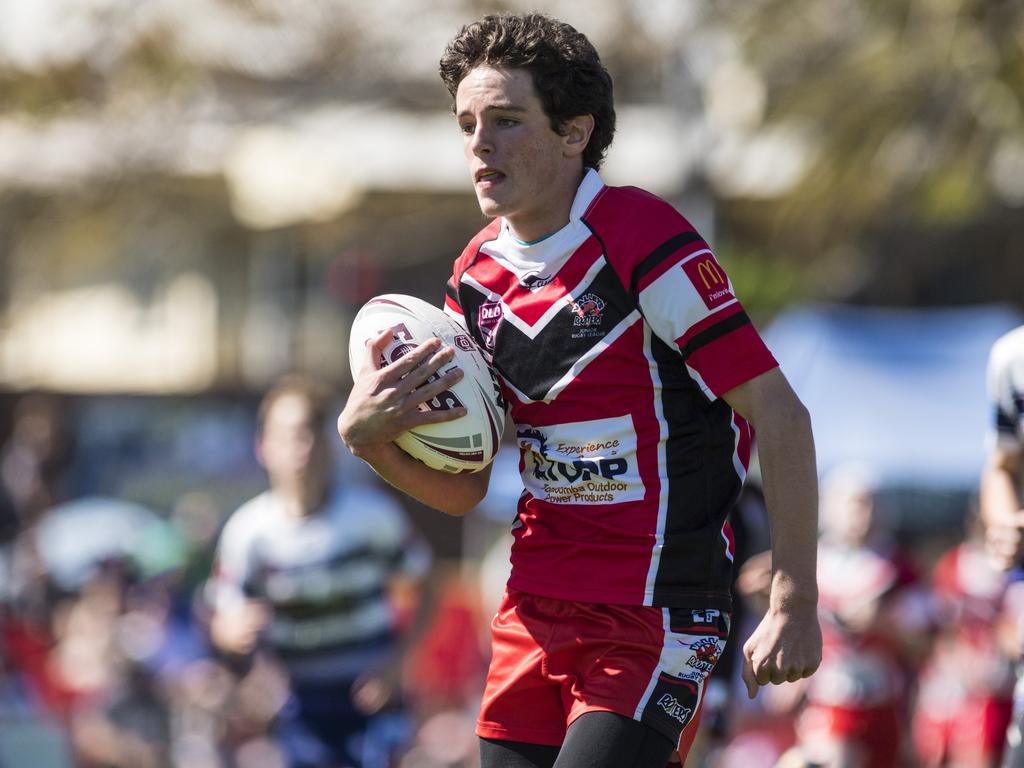 Aleksander Bradley on the way to a Valleys try against Brothers in under-13 boys Toowoomba Junior Rugby League grand final at Clive Berghofer Stadium, Saturday, September 11, 2021. Picture: Kevin Farmer