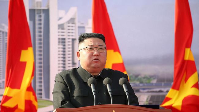 Kim Jong-un launches a ground-breaking ceremony for a 10,000-unit apartment building in Pyongyang on Tuesday. Picture: Korean Central News Agency via AFP