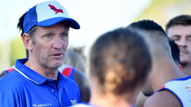 West Preston-Lakeside coach Ian Aitken speaks to his players. Picture: Josh Chadwick