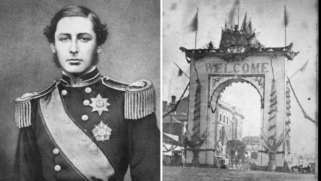 Prince Alfred, Duke of Edinburgh, and a welcome arch in Melbourne constructed for his 1867 visit. Pictures: State Library of Victoria