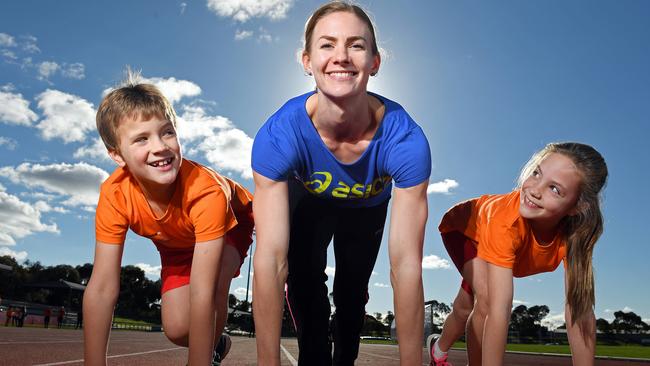 Olympic Athlete Melissa Breen with young local athletes including Harry and Sophie Bedford. Picture: Tom Huntley