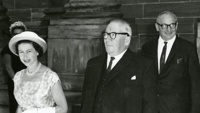 Queen Elizabeth II in South Australia, during 1963 royal visit with Sir Lloyd Dumas (chairman of Advertiser Newspapers Ltd and chairman of the board of National Gallery of SA) and SA Premier Sir Thomas Playford (back) at the National Gallery, North Terrace. Picture: File