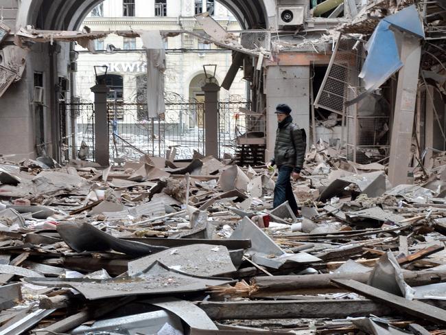 A view of a damaged building after shelling in Ukraine's second-biggest city of Kharkiv. Picture: AFP