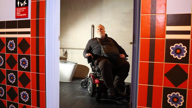 Roger Napthine inside the new Geelong Arts Centre disabled toilets that are not accessible for all people. Picture: Alison Wynd