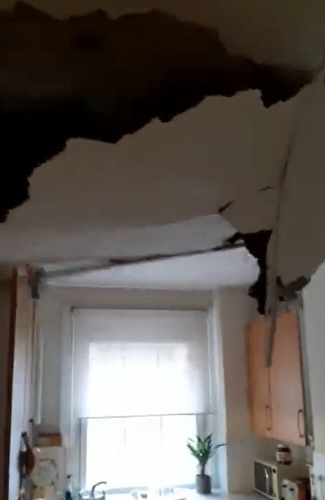 A British mother has shared the shocking conditions she’s living in after the roof collapsed four times in her housing commission unit. Picture: Twitter/JacobPhillips