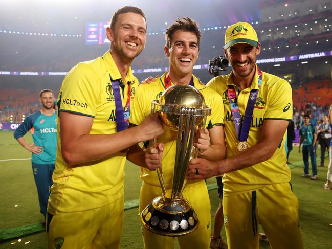 Josh Hazlewood (L), Pat Cummins (C) and Mitchell Starc (R) are Australia’s fast bowling attack – but all missed the Champions Trophy. Picture: Getty