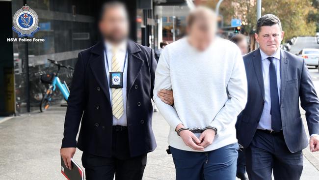 Mark Chikarovski, son of former Liberal leader Kerry Chikarovski, is arrested as part of an investigation into drug supply on the dark web. Picture: NSW Police