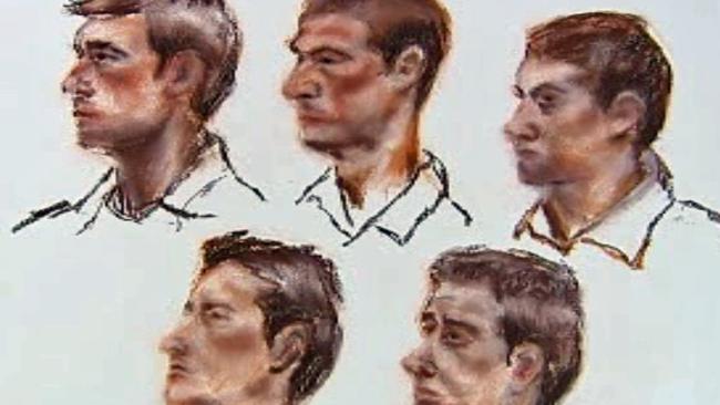 Court sketch of Scott Doody, Tim Hird, Anton Kloeden, Joshua Spears and Glen Swain. Picture: File