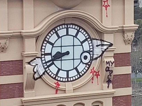 One of Melbourne’s most iconic buildings — Flinders Street Station — was defaced with the graffiti.