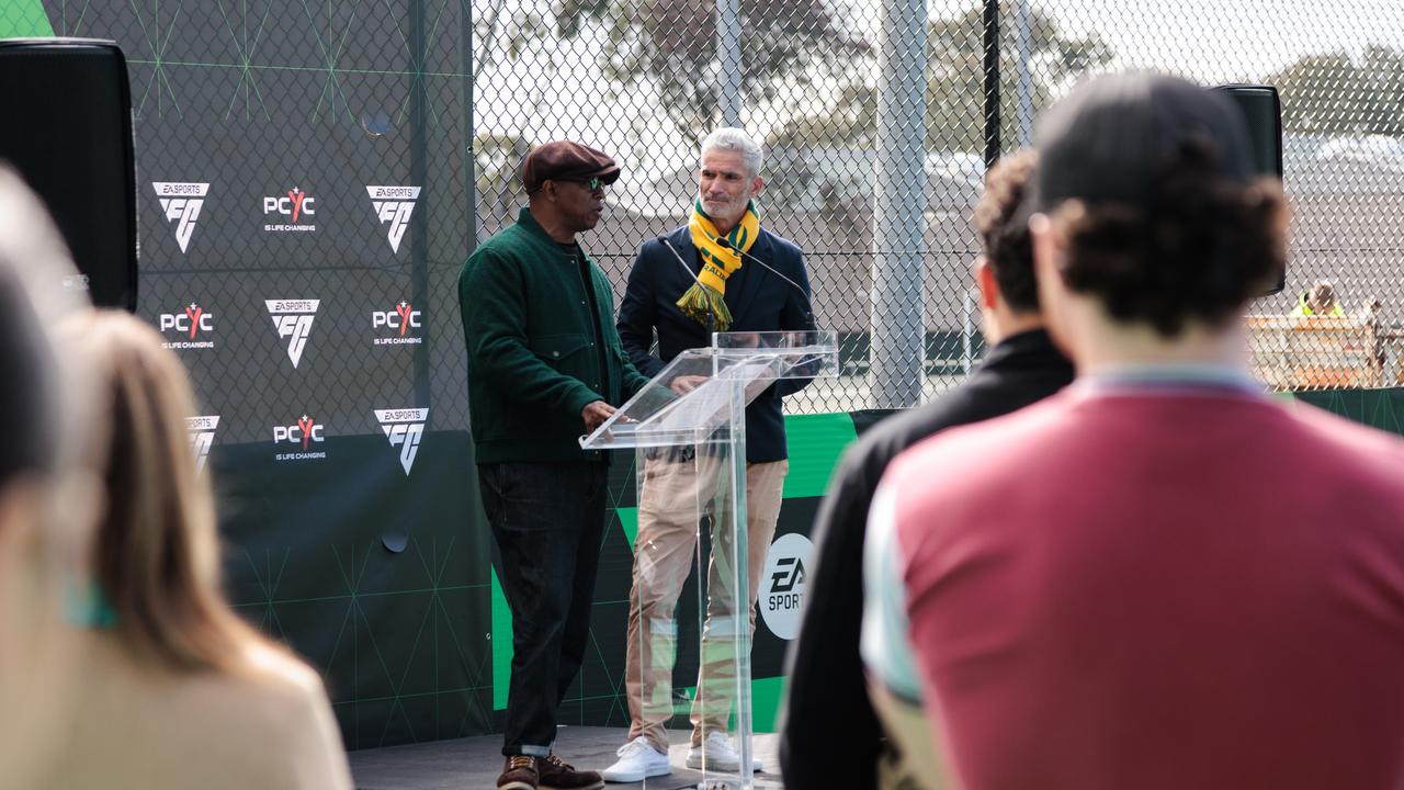 Ian Wright speaking at the unveiling of the new Sam Kerr x FC Future pitch in Lidcombe.