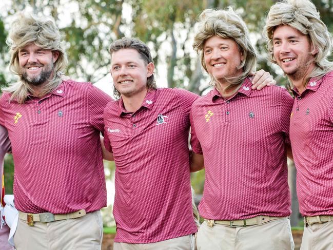 (L-R) Australia's Marc Leishman, Cameron Smith, Matt Jones, and Lucas Herbert of Ripper GC pose in mullet wigs as they celebrate winning the team title after the final round of LIV Golf Adelaide at the Grange Golf Club in Adelaide on April 28, 2024. (Photo by Brenton Edwards / AFP) / -- IMAGE RESTRICTED TO EDITORIAL USE - STRICTLY NO COMMERCIAL USE --