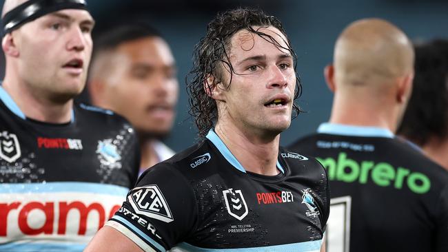 SYDNEY, AUSTRALIA - JUNE 28:  Nicho Hynes of the Sharks reactsduring the round 17 NRL match between Canterbury Bulldogs and Cronulla Sharks at Accor Stadium on June 28, 2024, in Sydney, Australia. (Photo by Cameron Spencer/Getty Images)