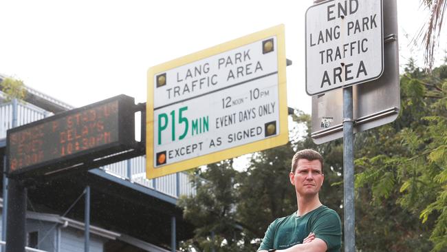 Paul Sutherland on the corner of Latrobe Terrace and Gladstone Street in Paddington. He said there was no sign of it being an event day when he parked. Picture: AAP/Claudia Baxter