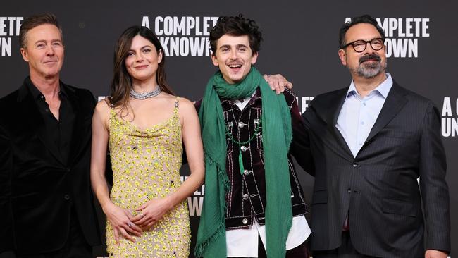 Edward Norton, Monica Barbaro, Timothee Chalamet and director James Mangold at the A Complete Unknown Italian premiere in Rome on January 17. Picture: Ernesto S. Ruscio/Getty Images