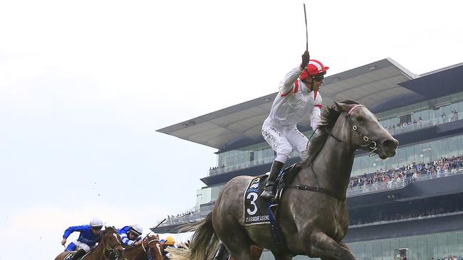 Kerrin McEvoy celebrates winning The Everest on Classique Legend. Picture: Mark Evans/Getty