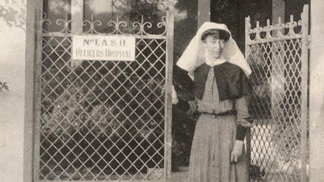 Matron Jean (Nellie) Miles Walker at the gates of the No. 1 Australia Hospital, at Ismailia, Egypt, in 1915. Picture: STATE LIBRARY OF SOUTH AUSTRALIA