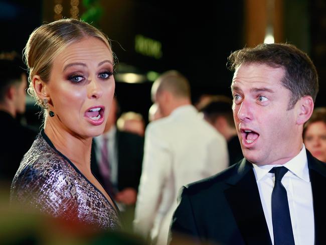 Sylvia Jeffreys and Karl Stefanovic react as they arrive at the 57th Annual Logie Awards at Crown Palladium. Picture: Getty