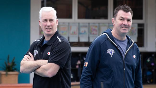 Former Adelaide 36ers assistant coach Scott Ninnis (right) with fellow 36ers legend Brett Maher. Ninnis will takeover at South Adelaide from next season. Picture: File