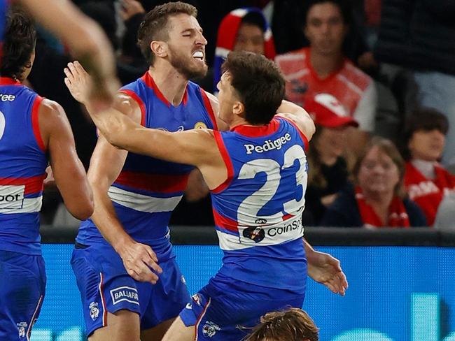 Marcus Bontempelli celebrates his match-sealing goal. Picture: AFL Photos/Getty Images