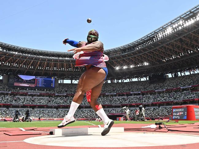 Saunders competes in the women's shot put final. Picture: AFP