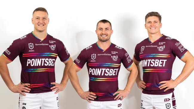 Manly’s Sean Keppie, Kieran Foran and Reuben Garrick in the Sea Eagles pride jersey. Picture: Manly Digital