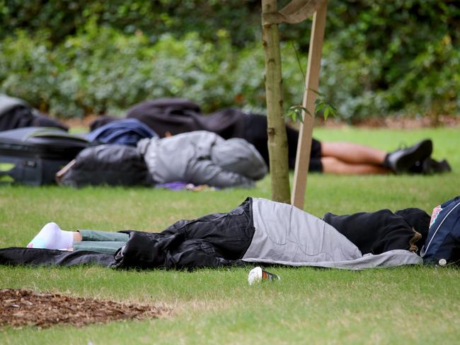 Homeless people sleeping rough in Emma Miller Place on Roma Street. Brisbane 1st April 2023 Picture David Clark