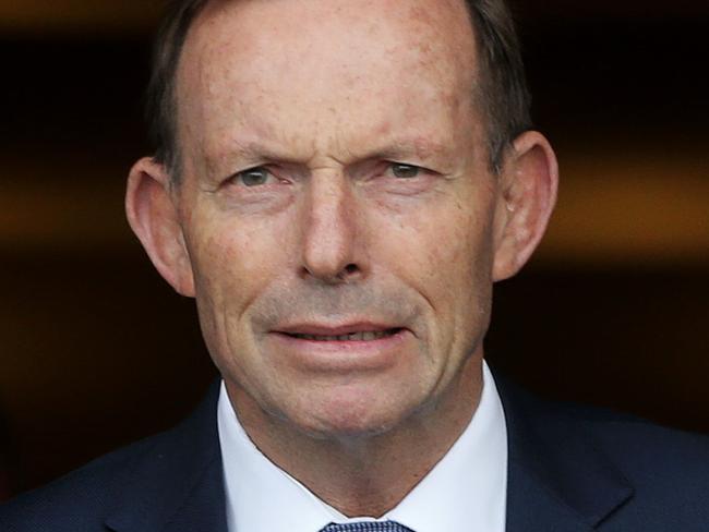 Former Prime Minister Tony Abbott speaks to media outside the Henry Jones Hotel on Hobart's waterfront to discuss the alleged assault on him by a stranger yesterday Picture: LUKE BOWDEN