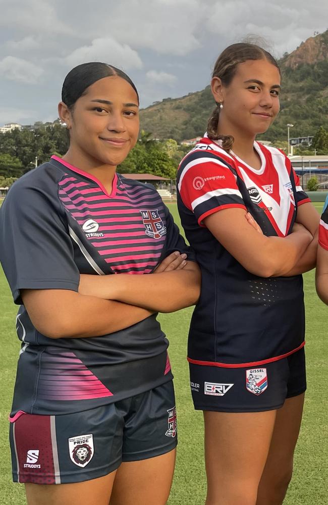 Selina Cowley (far left) and Paige Mooney (second from left) will be teammates in the under-19 Mackay Cutters women’s team this season. Picture: Patrick Woods.