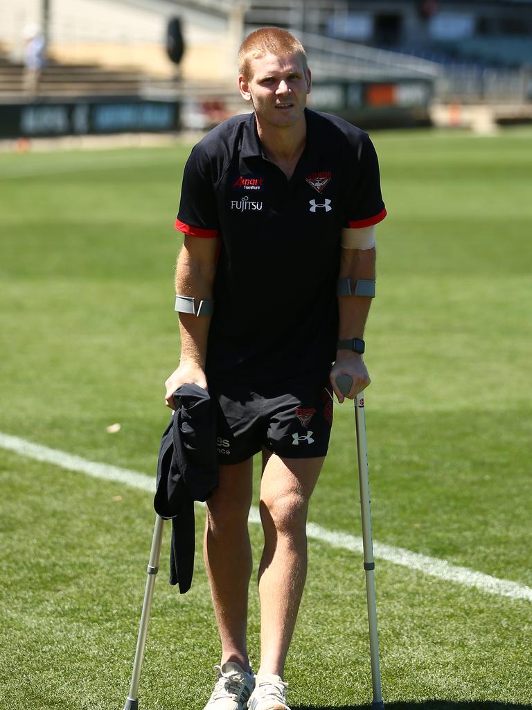 Michael Hurley on crutches in February.