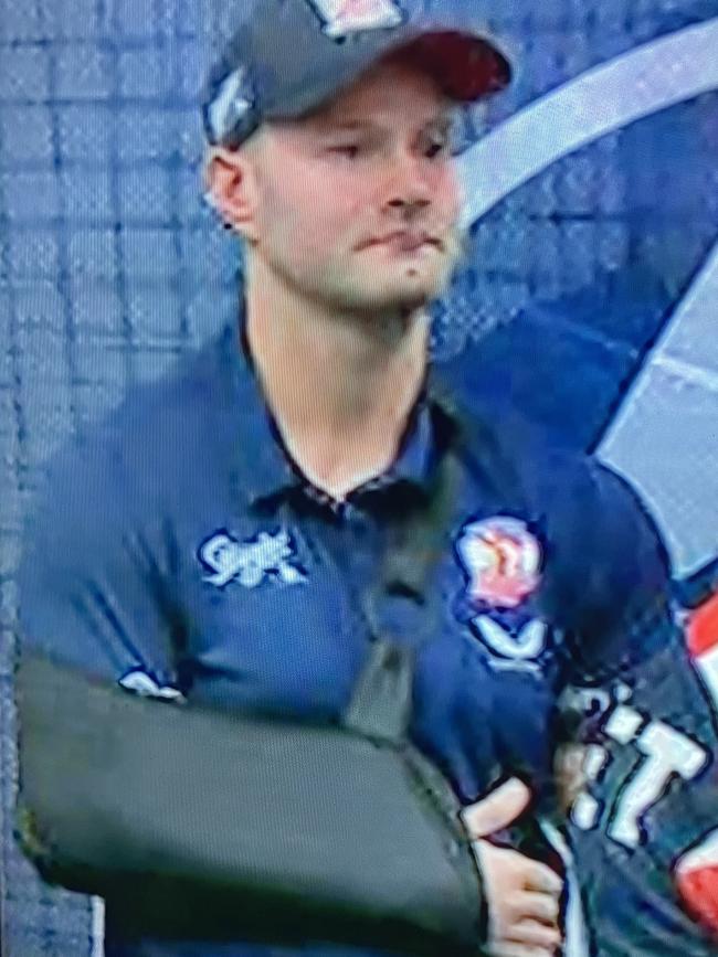 Boyd Cordner with his arm in a sling in the Roosters’ sheds.