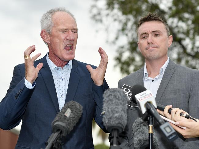 Mr Dickson and Mr Ashby field questions during a press conference in Brisbane on Tuesday. Picture: AAP