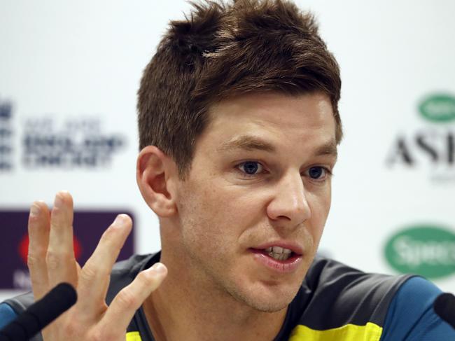 Australia's Tim Paine speaks at a press conference at Lord's cricket ground in London, Tuesday, Aug. 13, 2019. The second Ashes cricket test starts Wednesday at Lord's. (AP Photo/Alastair Grant)