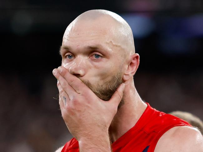 MELBOURNE, AUSTRALIA - SEPTEMBER 15: Max Gawn of the Demons looks dejected after a loss  during the 2023 AFL First Semi Final match between the Melbourne Demons and the Carlton Blues at Melbourne Cricket Ground on September 15, 2023 in Melbourne, Australia. (Photo by Dylan Burns/AFL Photos via Getty Images)