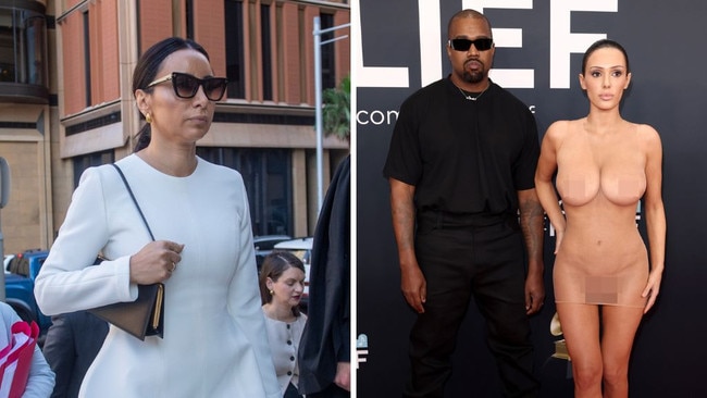 Antoinette Lattouf outside the Federal Court this week, and Kanye West and wife Bianca Censori at the Grammy Awards.