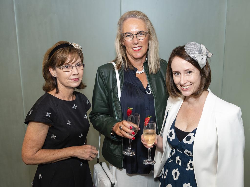 At the Melbourne Cup luncheon are (from left) Jody Ross, Michelle McVeigh and Anneliese Seymour hosted by Rotary Club of Toowoomba City raising funds for Protea Place, Tuesday, November 1, 2022. Picture: Kevin Farmer