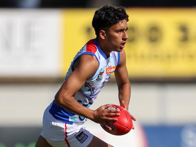 MELBOURNE, AUSTRALIA - APRIL 12: Jai Saxena of the Chargers in action during the 2025 Coates Talent League Boys Round 03 match between the Sandringham Dragons and the Oakleigh Chargers at Trevor Barker Beach Oval on April 12, 2025 in Melbourne, Australia. (Photo by Rob Lawson/AFL Photos)