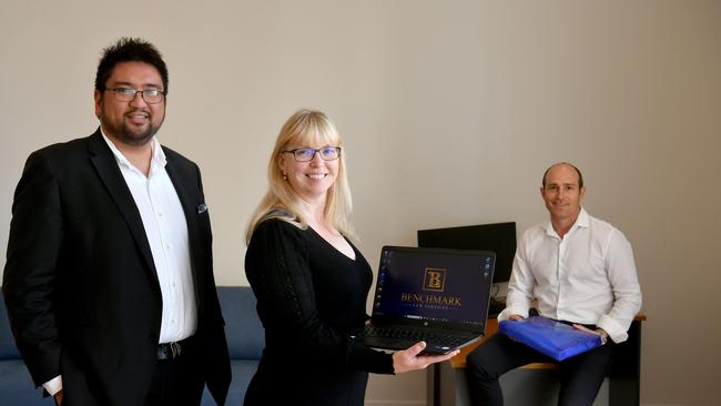 Robert Ballais and Jodie van-Vegchel, with Shaun McLaren (right), have started the legal firm Benchmark Law Services with offices in Denham Street. Picture: Evan Morgan