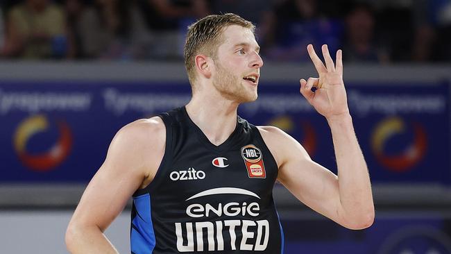 MELBOURNE, AUSTRALIA - OCTOBER 27: Jack White of United celebrates a three pointer during the round six NBL match between Melbourne United and Cairns Taipans at John Cain Arena, on October 27, 2024, in Melbourne, Australia. (Photo by Daniel Pockett/Getty Images)