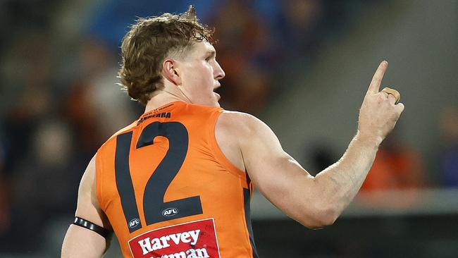 Giants Tom Green celebrates kicking a goal  during the AFL round 8 match between the GWS Giants and Western Bulldogs at Manuka Oval, Canberra on May 6, 2023.  Photo by Phil Hillyard(Image Supplied for Editorial Use only - **NO ON SALES** - Â©Phil Hillyard )