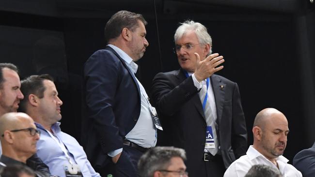 Australia Socceroos head coach Ange Postecoglou (left) speaks with Football Federation Australia chairman Steven Lowy