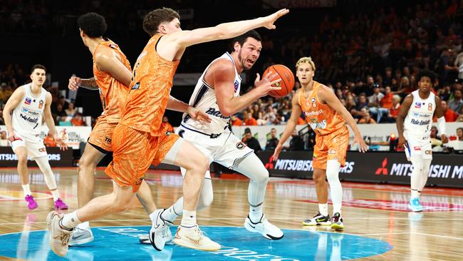 Adelaide's Jason Cadee drives to the basket in the National Basketball League (NBL) match between the Cairns Taipans and the Adelaide 36ers, held at the Cairns Convention Centre. Picture: Brendan Radke