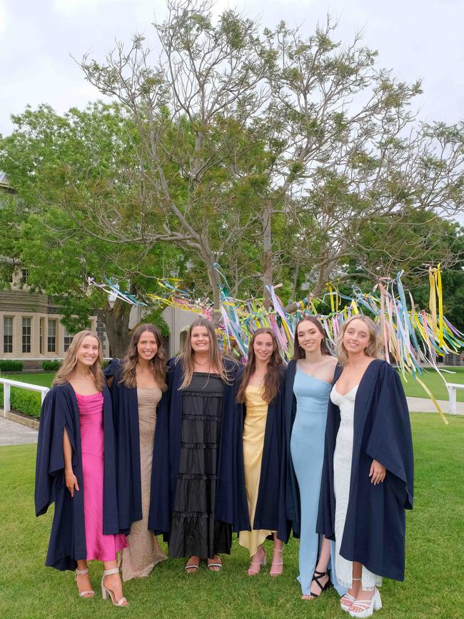 Sacred heart College 2021 graduation ceremony left Grace Arblaster , Georgie Arnold , Grace Hamilton , Grace Di Mauro , India Butcher and Madison Wedding Picture: Mark Wilson