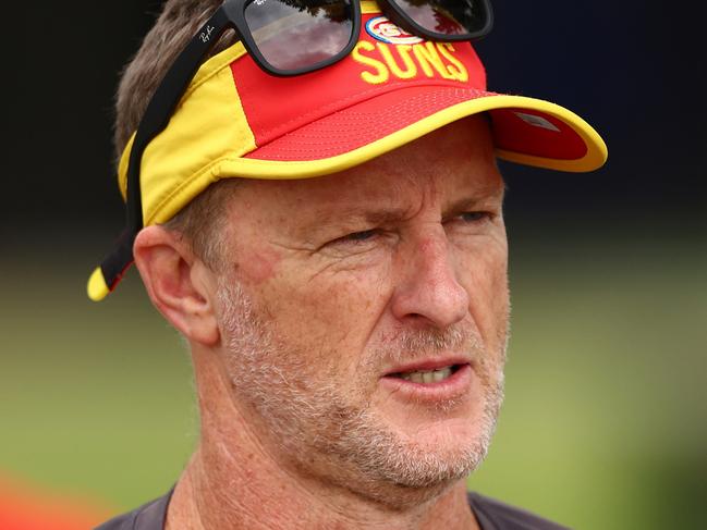 GOLD COAST, AUSTRALIA - JULY 09: Damien Hardwick, Senior Coach of the Suns looks on during a Gold Coast Suns AFL training session at Austworld Centre Oval on July 09, 2024 in Gold Coast, Australia. (Photo by Chris Hyde/Getty Images)
