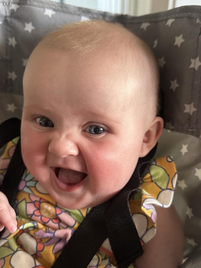 Miley Thompson, six months old. Nicknamed smiley Miley because she is one of the happiest babies you could meet. Loves camping and going out and about. She also loves Bluey, although maybe that is just mum. She has the most beautiful big, bright, blue eyes.
