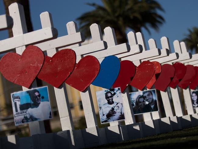 Fifty-eight white crosses for the victims of the Las Vegas mass shooting stand on the south end of the Las Vegas Strip, October 5, 2017 in Las Vegas, Nevada. Picture: AFP